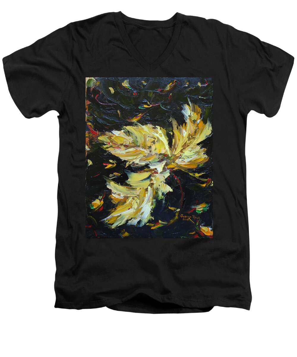 Leaf Men's V-Neck T-Shirt featuring the painting Golden Flight by Judith Rhue
