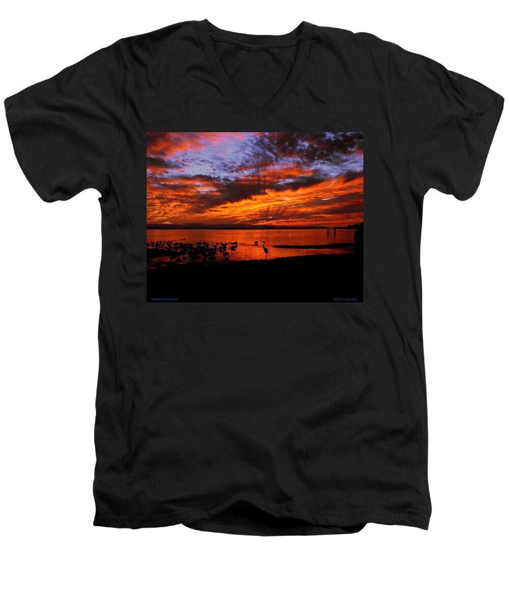 Liza Men's V-Neck T-Shirt featuring the photograph Great Heron Sunset by Larry Beat