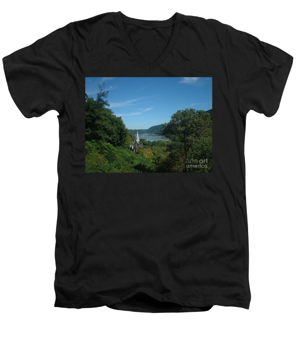 Virigina Men's V-Neck T-Shirt featuring the painting Harper's Ferry Long View by Mark Robbins