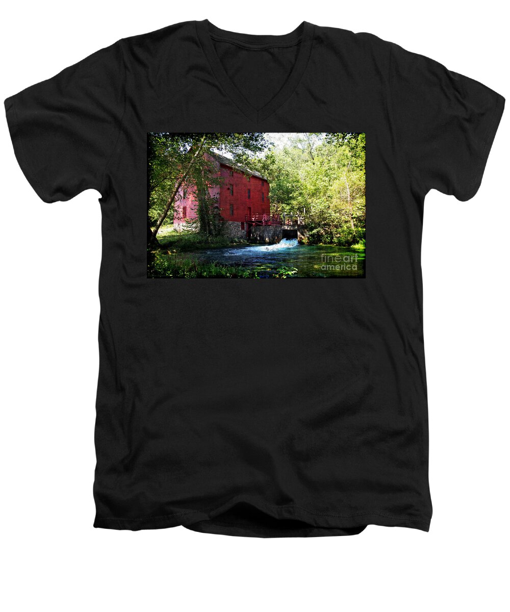 Riverbank Men's V-Neck T-Shirt featuring the photograph Heart of the Ozarks by Lianne Schneider