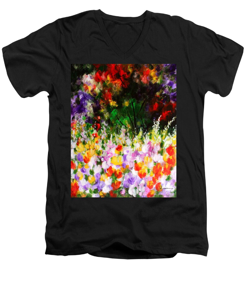 Floral Men's V-Neck T-Shirt featuring the painting Heavenly Garden by Kume Bryant