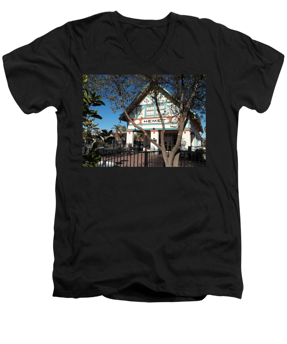 Railroad Station Men's V-Neck T-Shirt featuring the photograph Hemet Museum-Old Santa Fe Depot by Glenn McCarthy Art and Photography