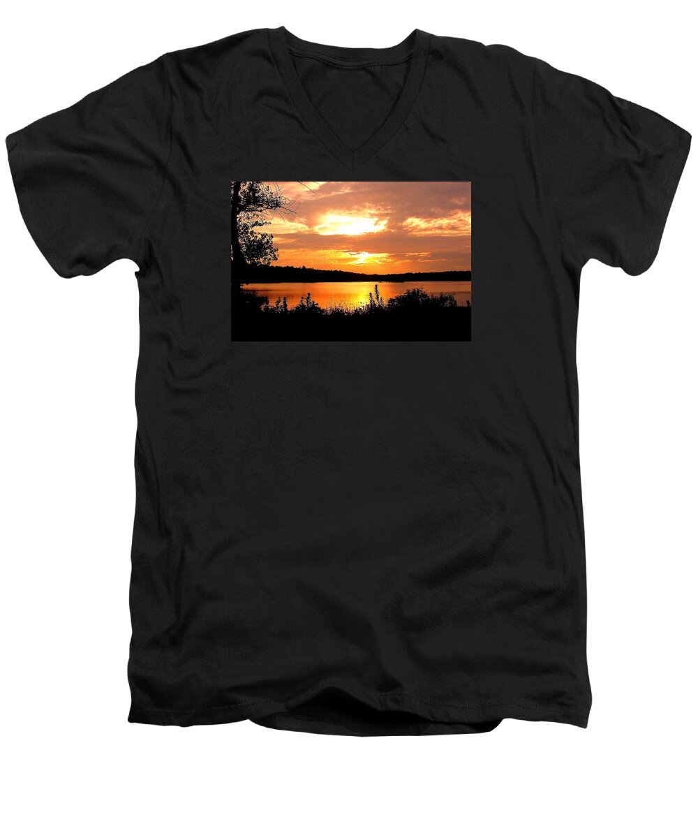 Horn Pond Men's V-Neck T-Shirt featuring the photograph Horn Pond Sunset 2 by Jeff Heimlich