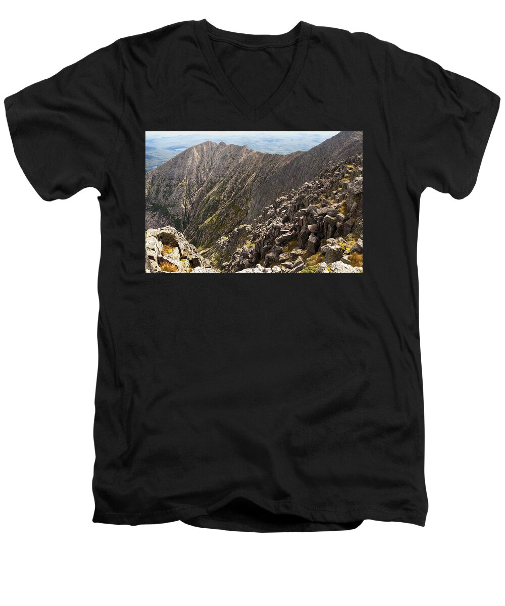 Cliff Men's V-Neck T-Shirt featuring the photograph Knife Edge Mount Katahdin Baxter State Park by Glenn Gordon