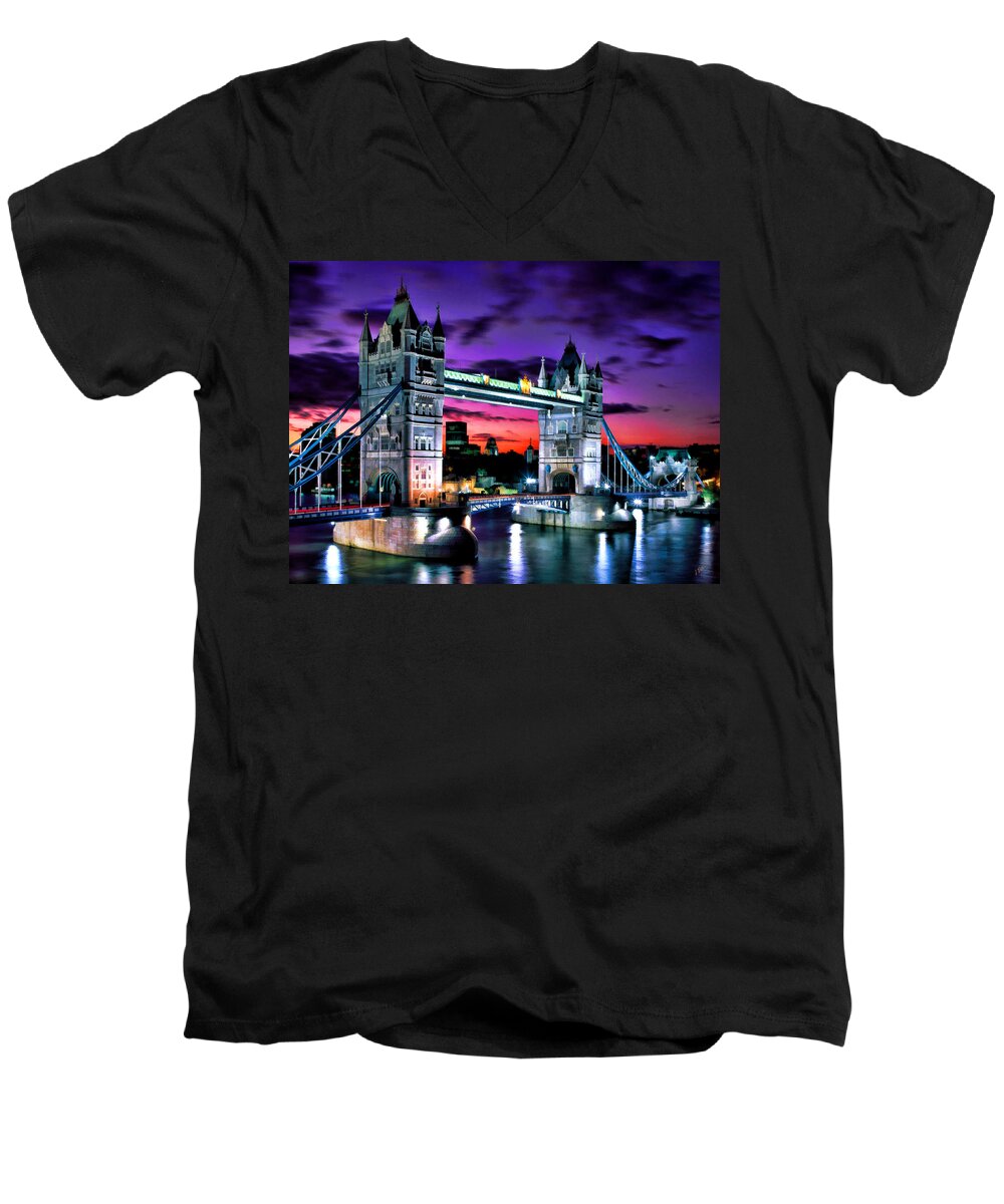 London Men's V-Neck T-Shirt featuring the painting London Evening at Tower Bridge by Dean Wittle