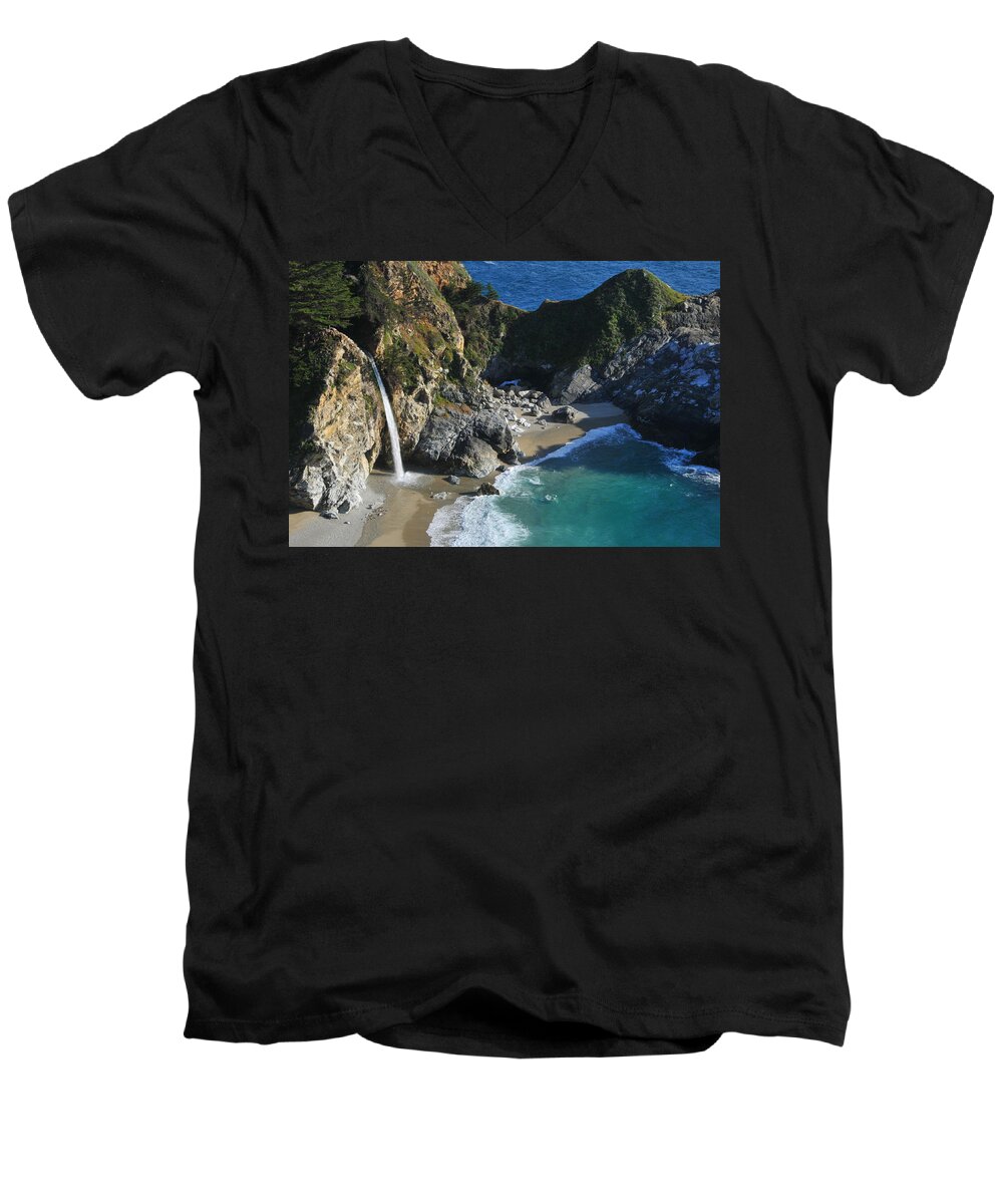 Ca Men's V-Neck T-Shirt featuring the photograph McWay Falls by Lynn Bauer