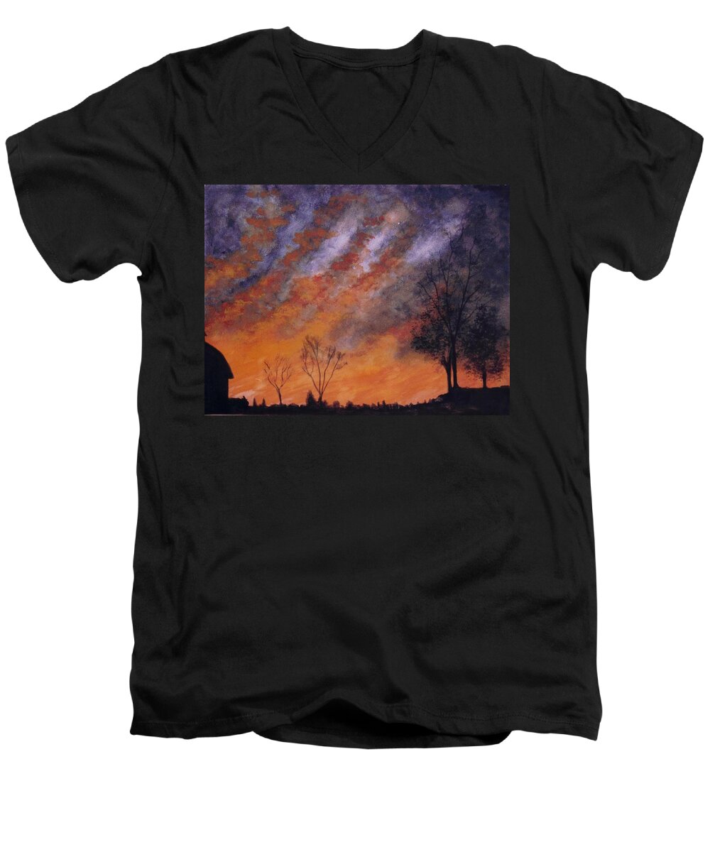Sun Men's V-Neck T-Shirt featuring the painting Midwest Sunset by Stacy C Bottoms