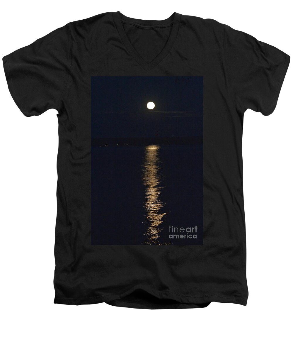 Moon Men's V-Neck T-Shirt featuring the photograph Moon over Seneca Lake by William Norton