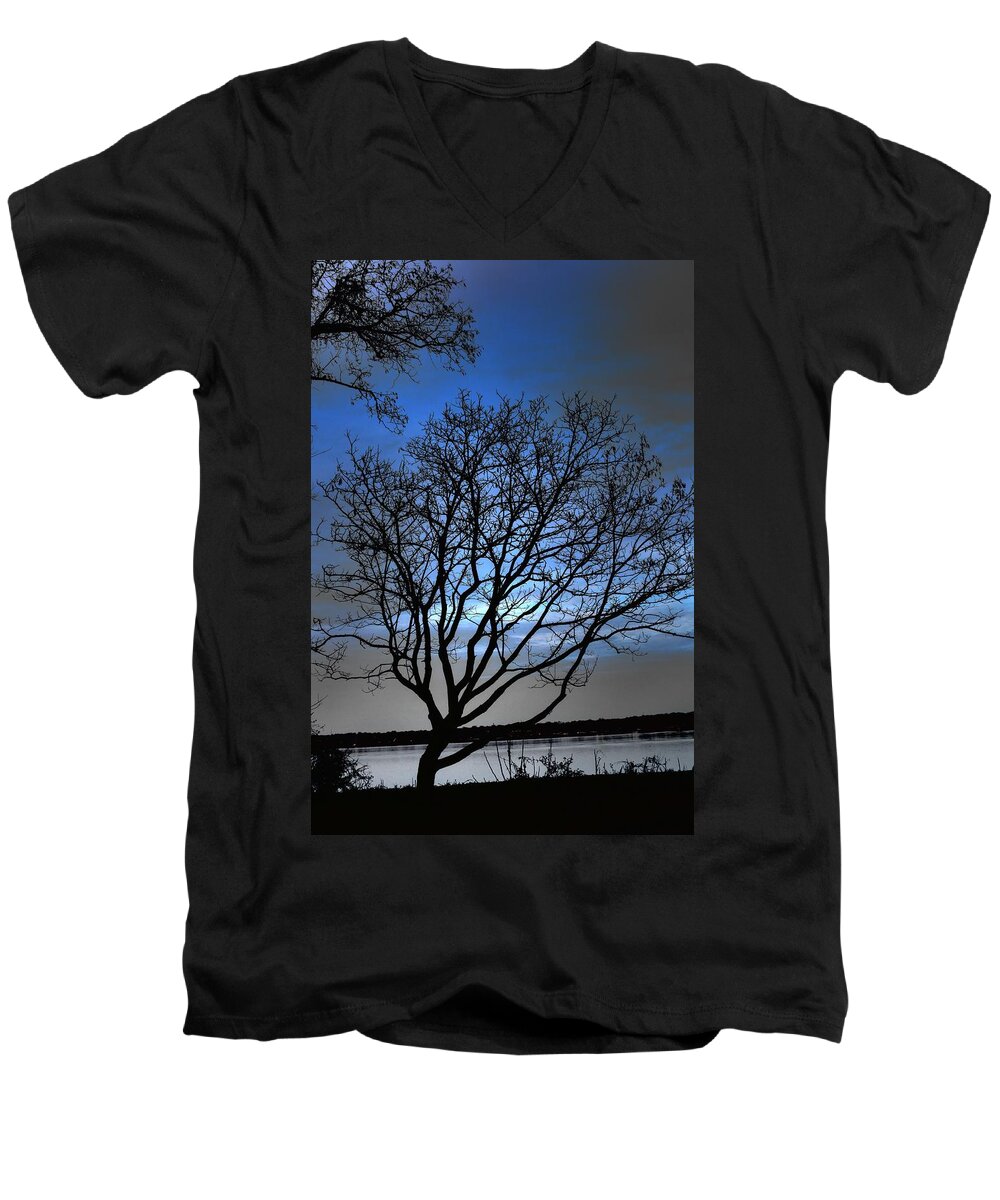 Tree Men's V-Neck T-Shirt featuring the photograph Night on the River by Dan Stone