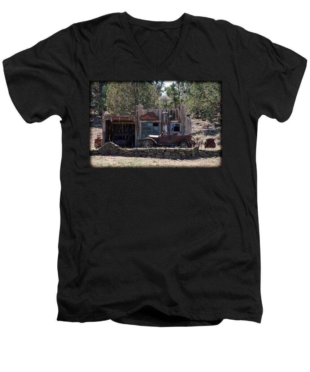 Model T Men's V-Neck T-Shirt featuring the photograph Old Filling Station by Athena Mckinzie