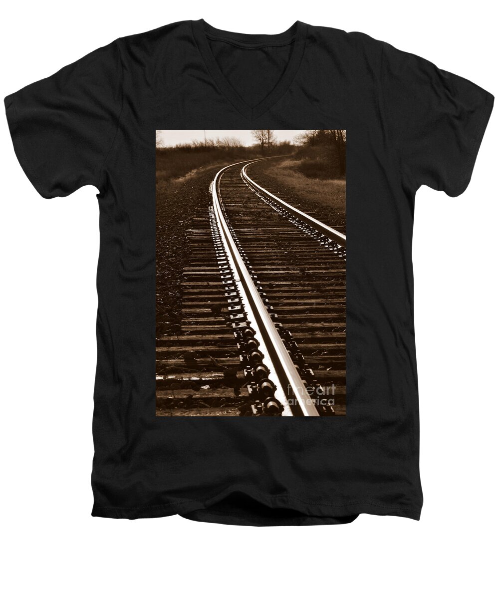 Train Men's V-Neck T-Shirt featuring the photograph On the Right Track by Anjanette Douglas