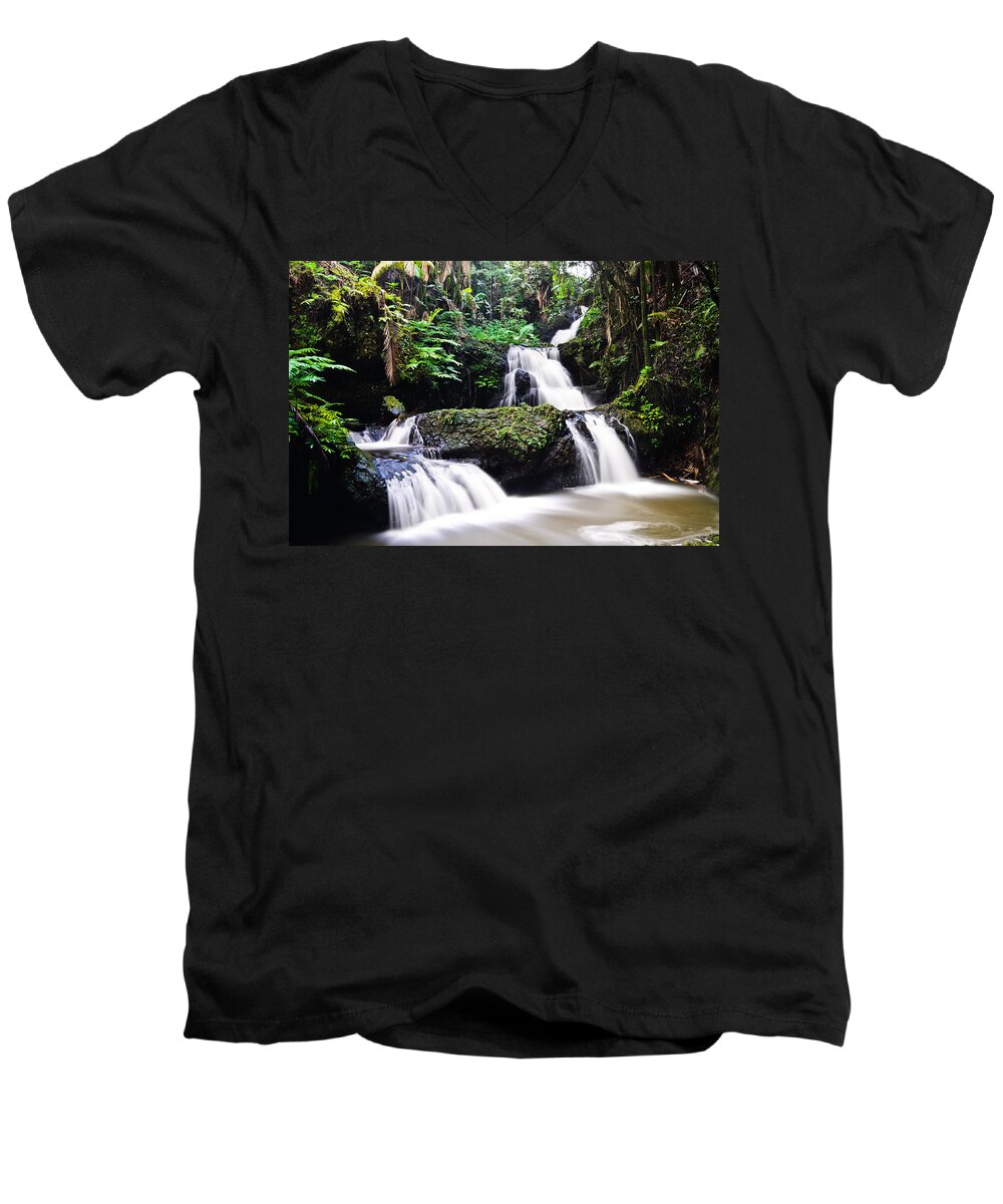 Big Island Men's V-Neck T-Shirt featuring the photograph Onomea Falls by Jason Chu