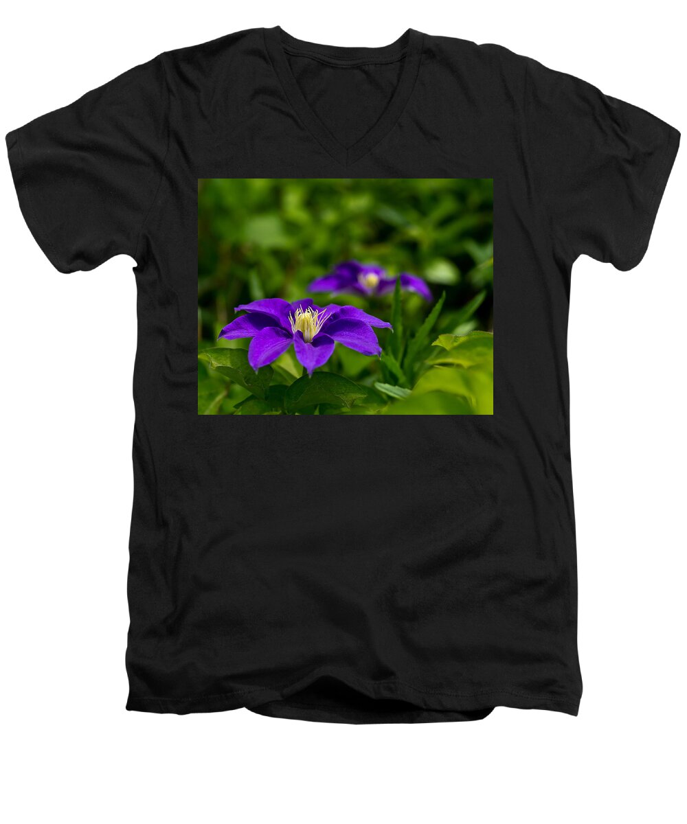 Bloom Men's V-Neck T-Shirt featuring the photograph Purple Clematis Flower by Lori Coleman