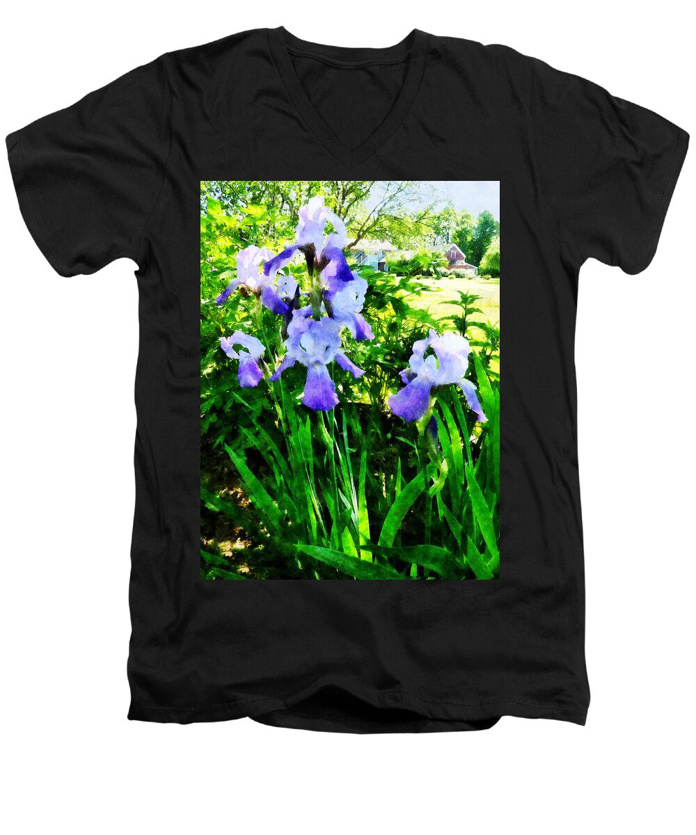 Iris Men's V-Neck T-Shirt featuring the photograph Purple Irises in Suburbs by Susan Savad