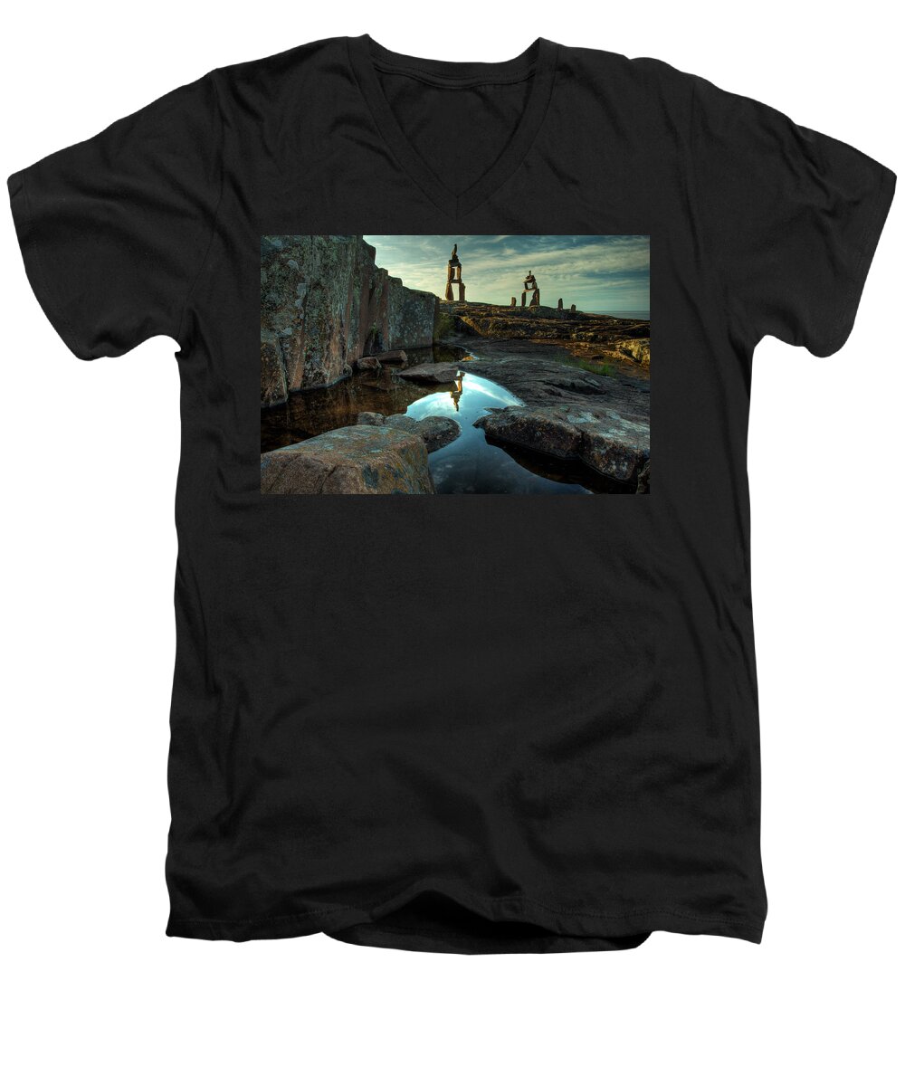 Blue Hour Men's V-Neck T-Shirt featuring the photograph Rock Balancing Grand Marais by Jakub Sisak