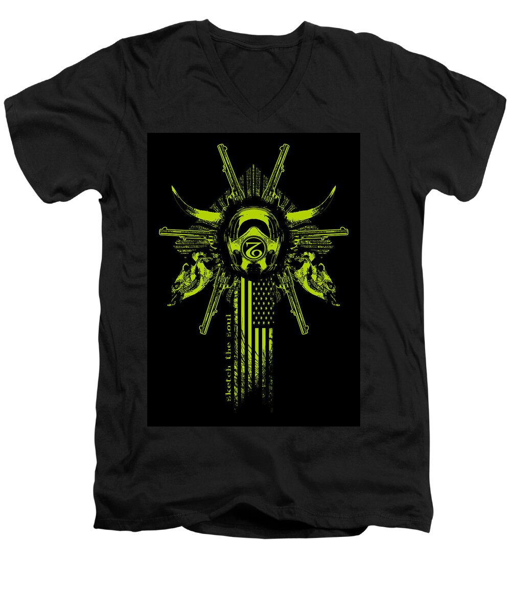 Gas Mask Men's V-Neck T-Shirt featuring the mixed media Six Shooter by Tony Koehl