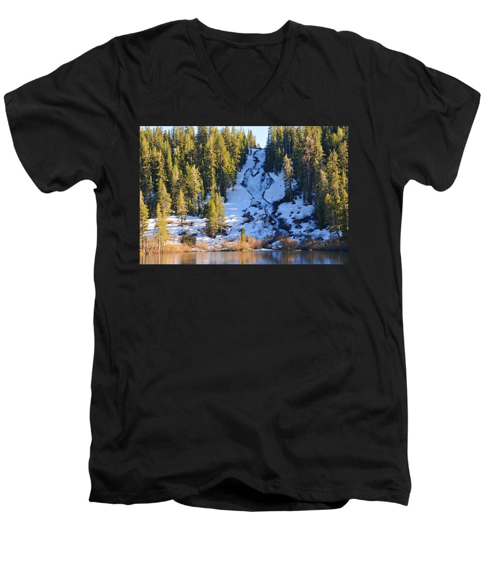 Waterfall Men's V-Neck T-Shirt featuring the photograph Snowy Heart Falls by Lynn Bauer