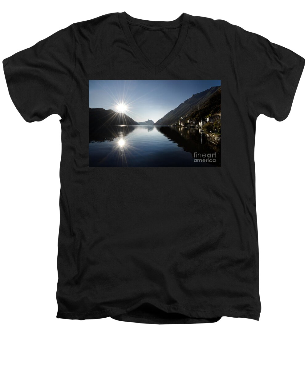 Sun Men's V-Neck T-Shirt featuring the photograph Sun reflected on an alpine lake by Mats Silvan