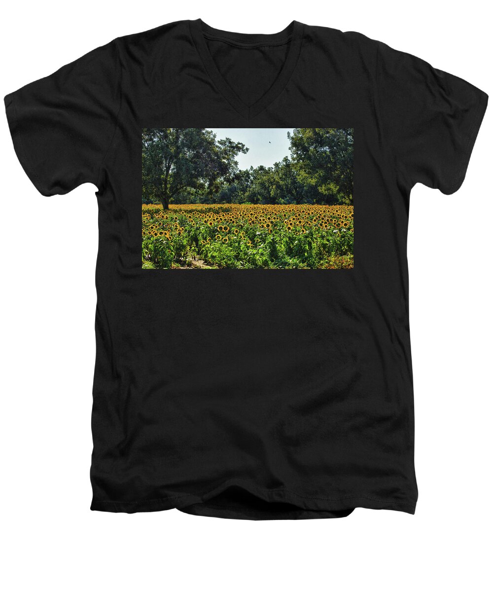 Alabama Photographer Men's V-Neck T-Shirt featuring the digital art Sunflower Field in the Trees by Michael Thomas