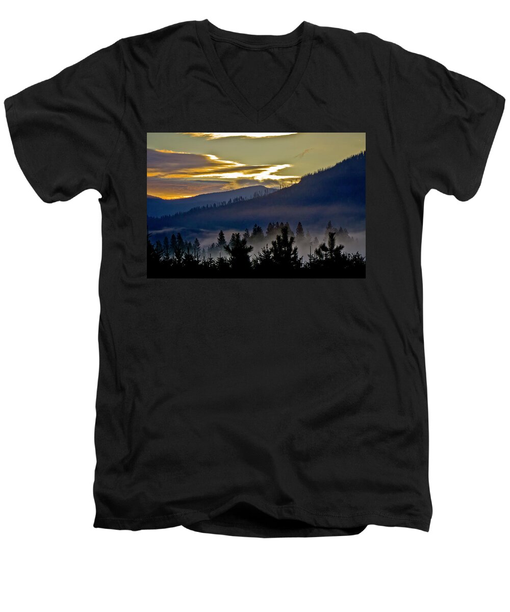 Cabinet Mtns Men's V-Neck T-Shirt featuring the photograph Sunrise and Valley Fog by Albert Seger