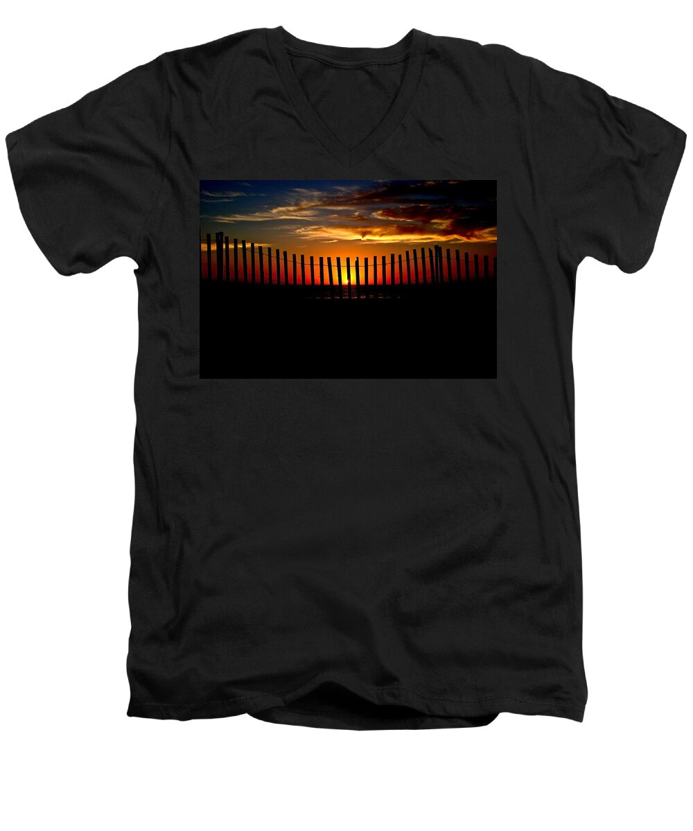 Sunset Men's V-Neck T-Shirt featuring the photograph Sunset through the Fence by Liz Vernand