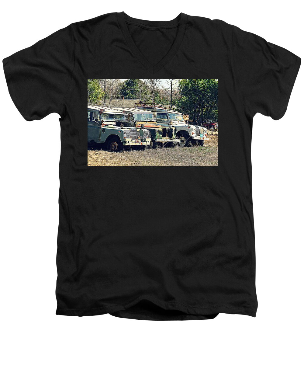 Land Rover Men's V-Neck T-Shirt featuring the photograph The Land Rover Graveyard by Doug Mills
