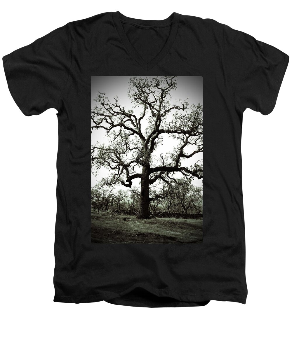 Black White Tree Old Rocks Barbed Wire Weeds Orchard Men's V-Neck T-Shirt featuring the photograph The Tree by Holly Blunkall