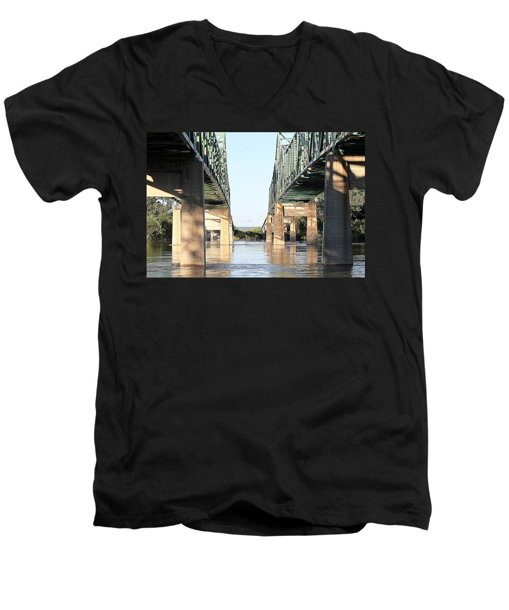 Bridge Men's V-Neck T-Shirt featuring the photograph Twin Bridges by Elizabeth Winter