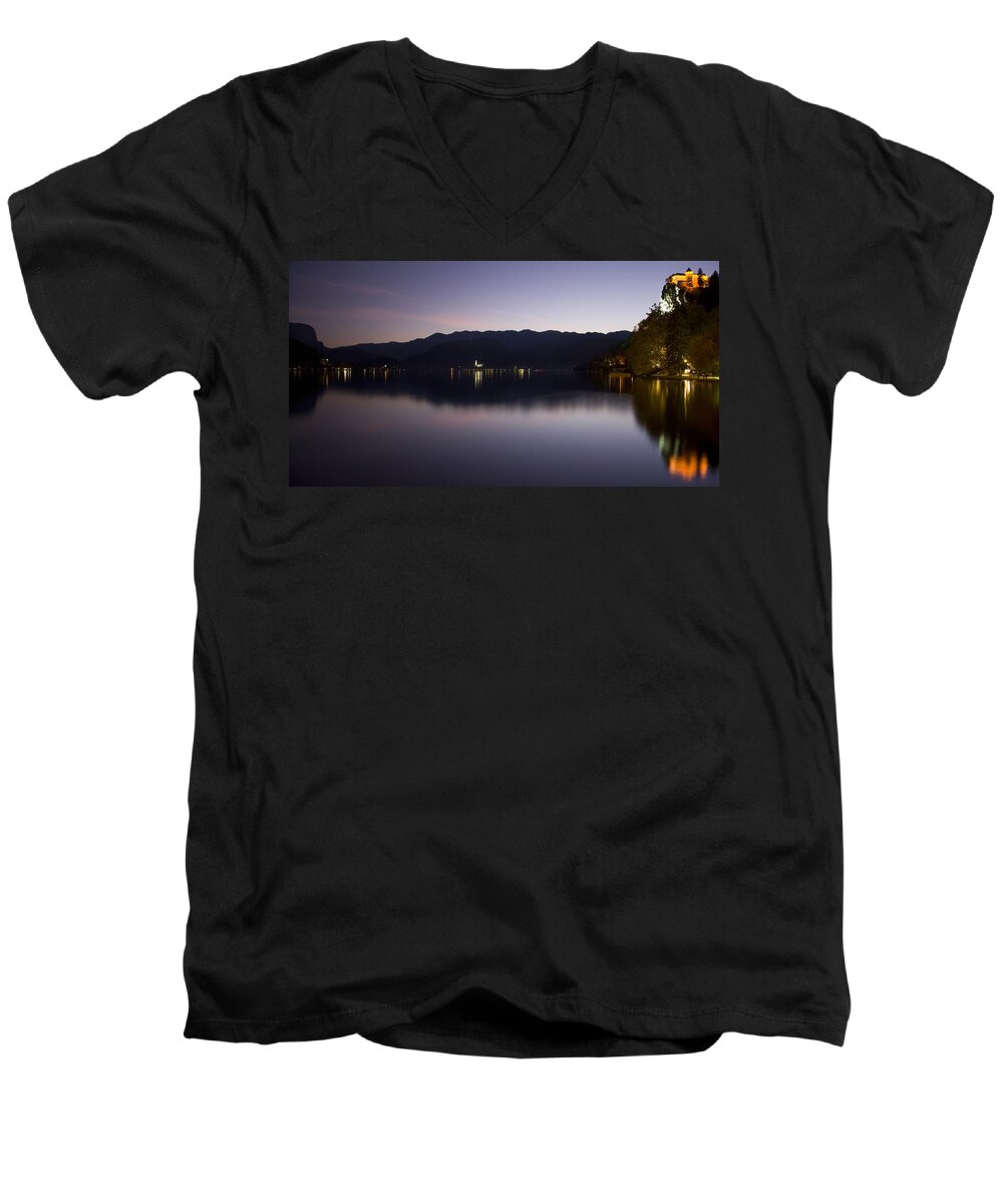Bled Lake Men's V-Neck T-Shirt featuring the photograph View across Lake Bled at dusk by Ian Middleton