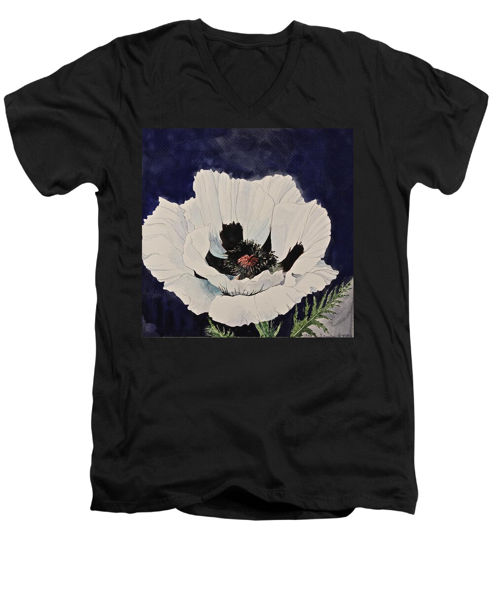 Watercolor Painting Men's V-Neck T-Shirt featuring the painting White Poppy-Posthumously presented paintings of Sachi Spohn by Cliff Spohn