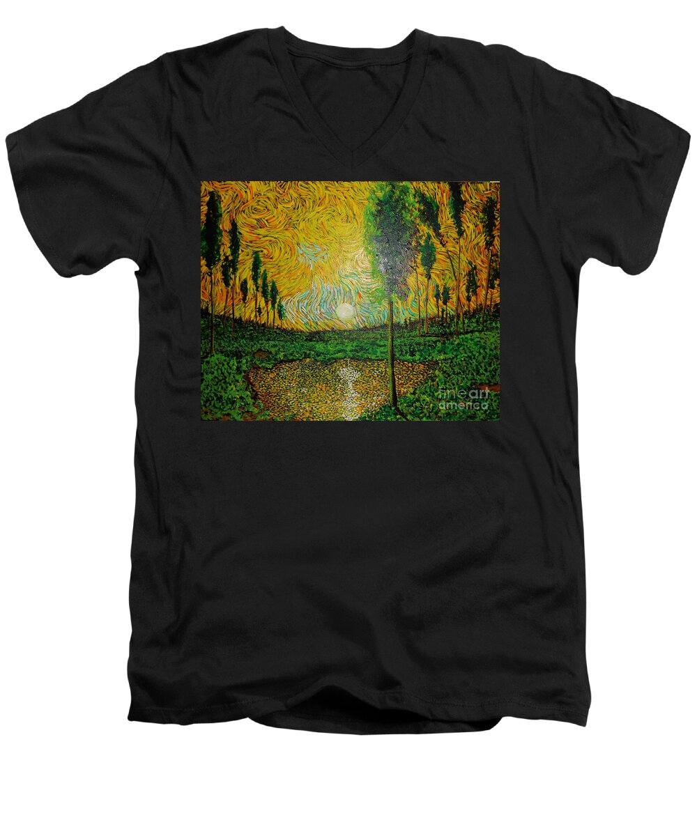 Landscape Men's V-Neck T-Shirt featuring the painting Yellow Pond by Stefan Duncan