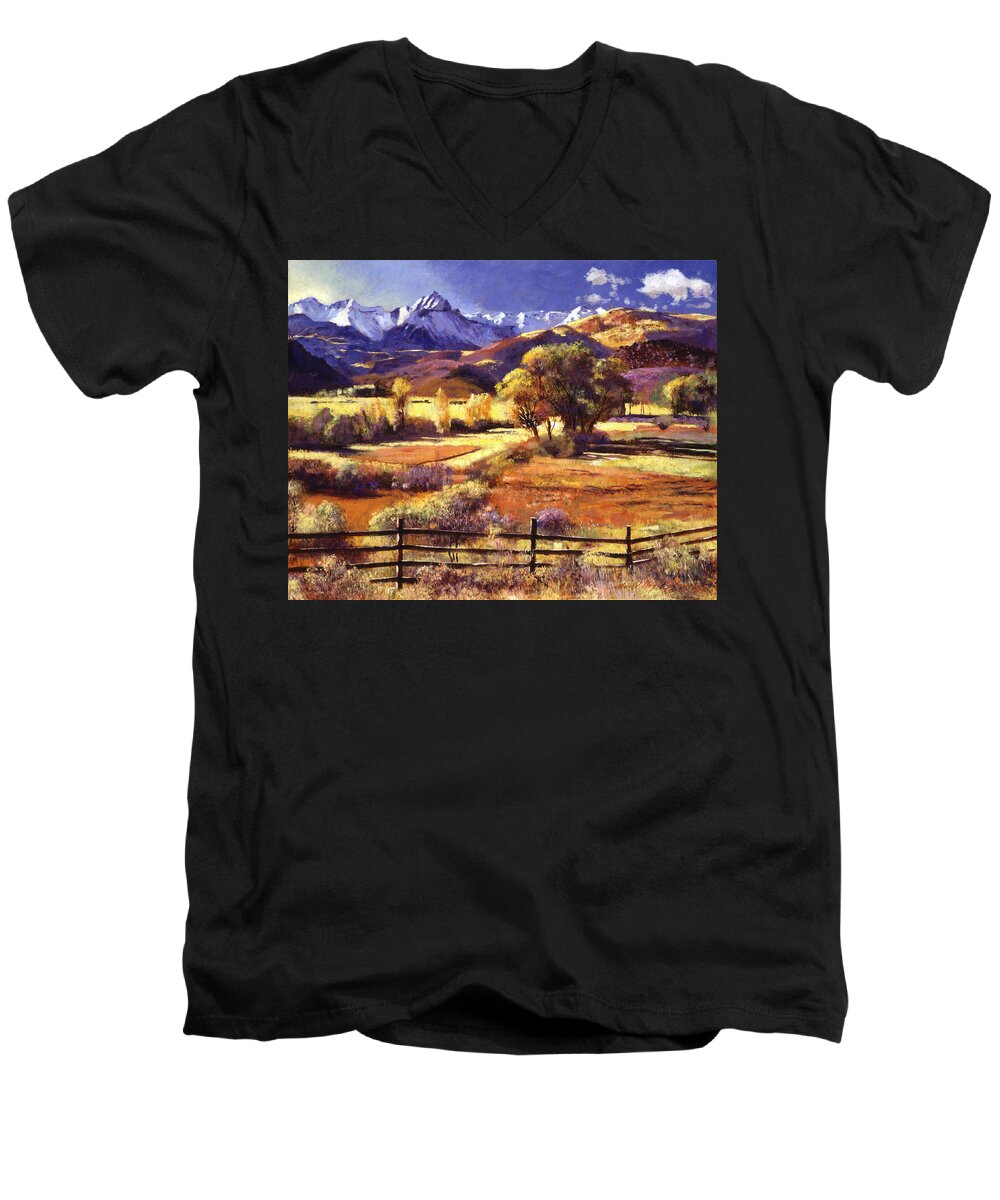 Landscapes Men's V-Neck T-Shirt featuring the painting Foothills Ranch by David Lloyd Glover