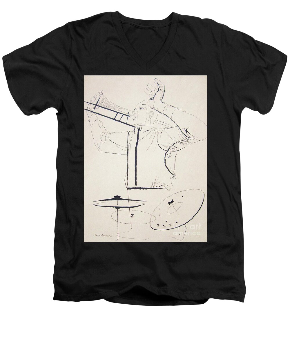 Print Men's V-Neck T-Shirt featuring the drawing Jazz Image by Thea Recuerdo