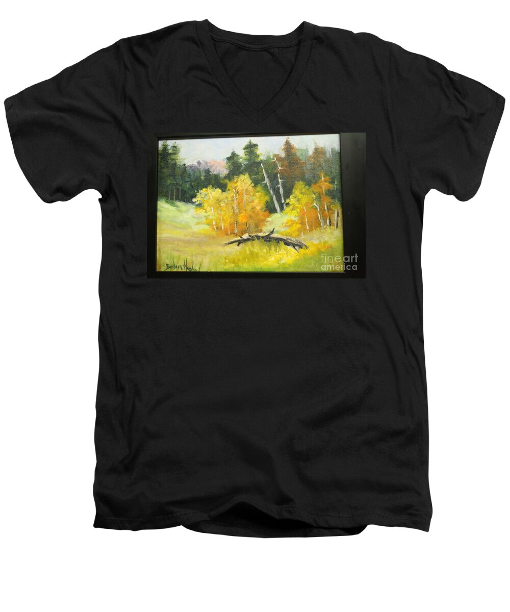 Aspens Men's V-Neck T-Shirt featuring the painting Aspens En Plein Air #1 by Barbara Haviland