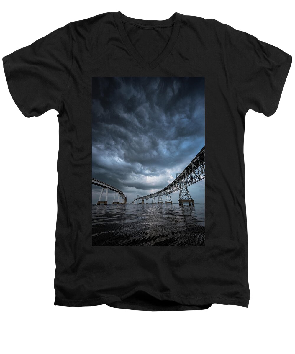Maryland Men's V-Neck T-Shirt featuring the photograph Between The Bridge #1 by Robert Fawcett