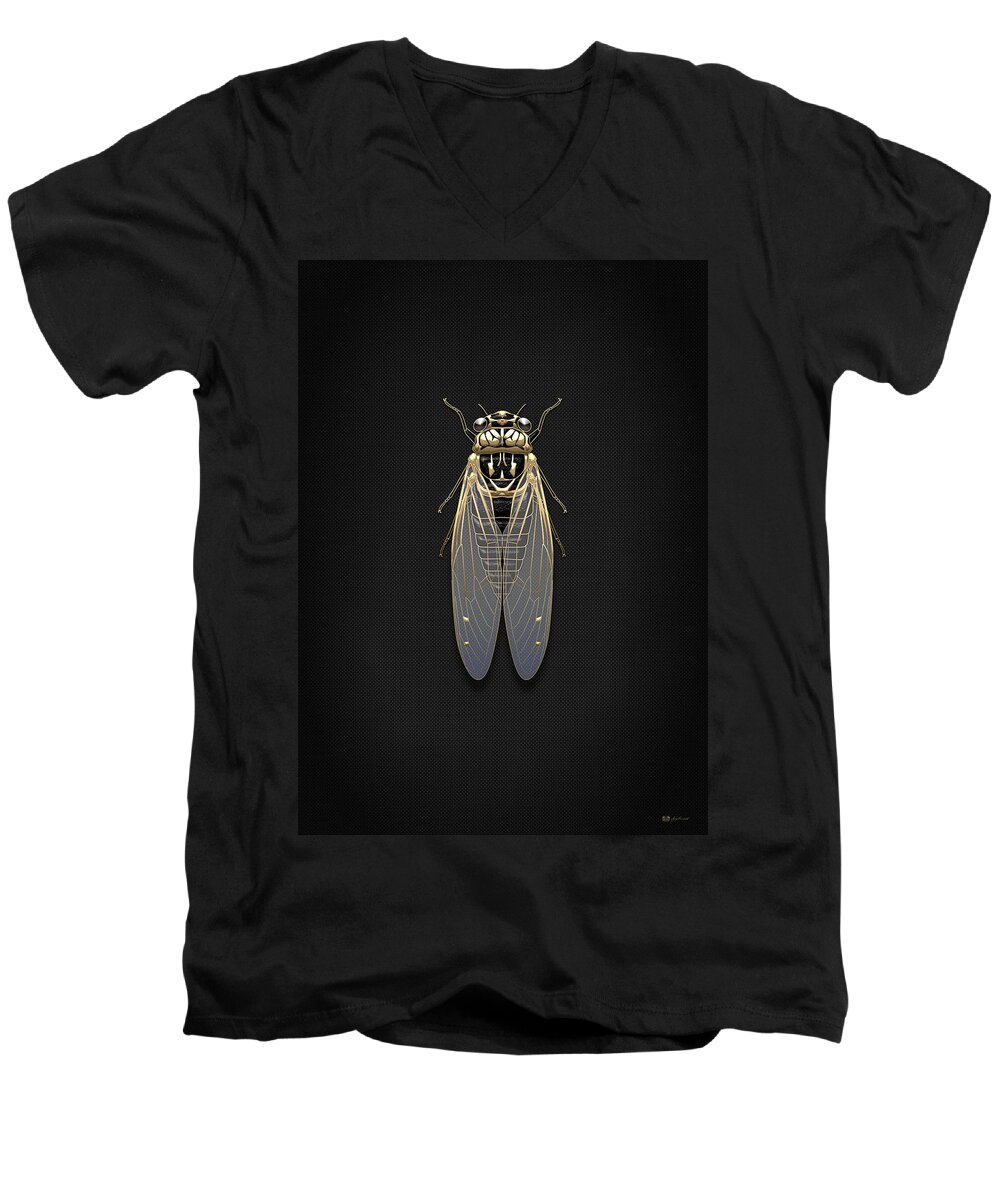 Beasts Creatures And Critters By Serge Averbukh Men's V-Neck T-Shirt featuring the photograph Black Cicada with Gold Accents on Black Canvas #1 by Serge Averbukh