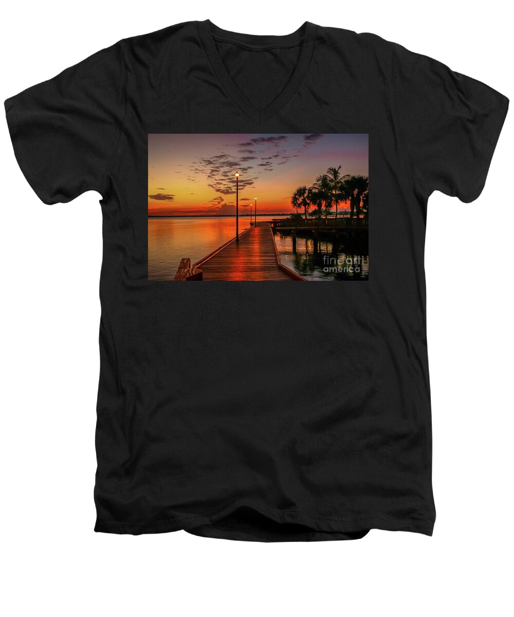 Boardwalk Men's V-Neck T-Shirt featuring the photograph Boardwalk Sunrise #1 by Tom Claud