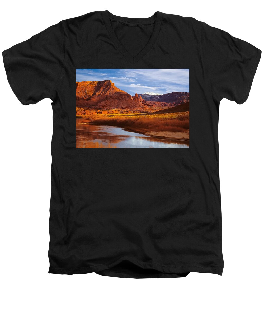 Colorado River Men's V-Neck T-Shirt featuring the photograph Colorado River at Fisher Towers #1 by Douglas Pulsipher