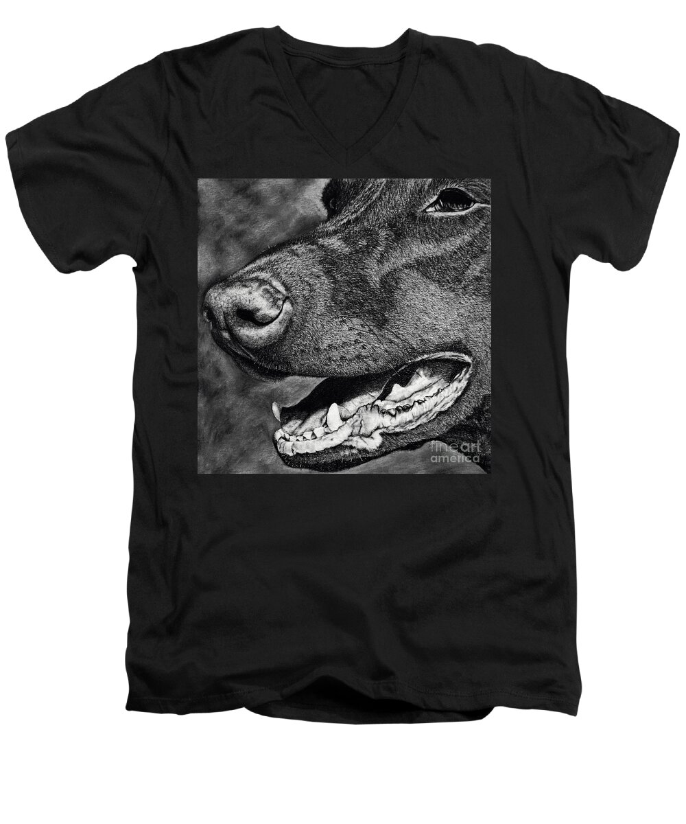 Dog Men's V-Neck T-Shirt featuring the drawing Doberman Face by Terri Mills