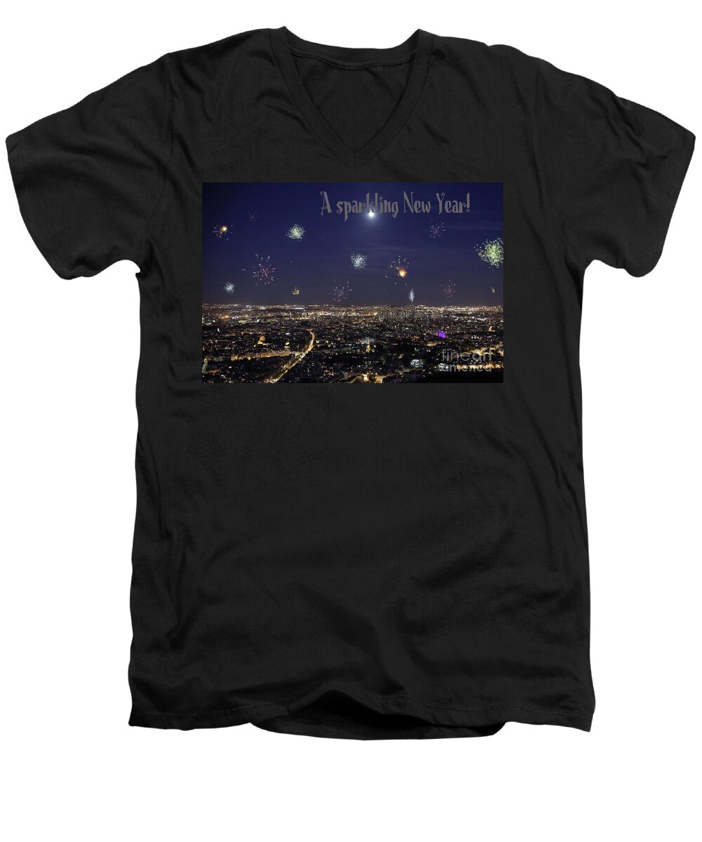 Paris Men's V-Neck T-Shirt featuring the photograph Full moon over paris with firework #2 by Patricia Hofmeester
