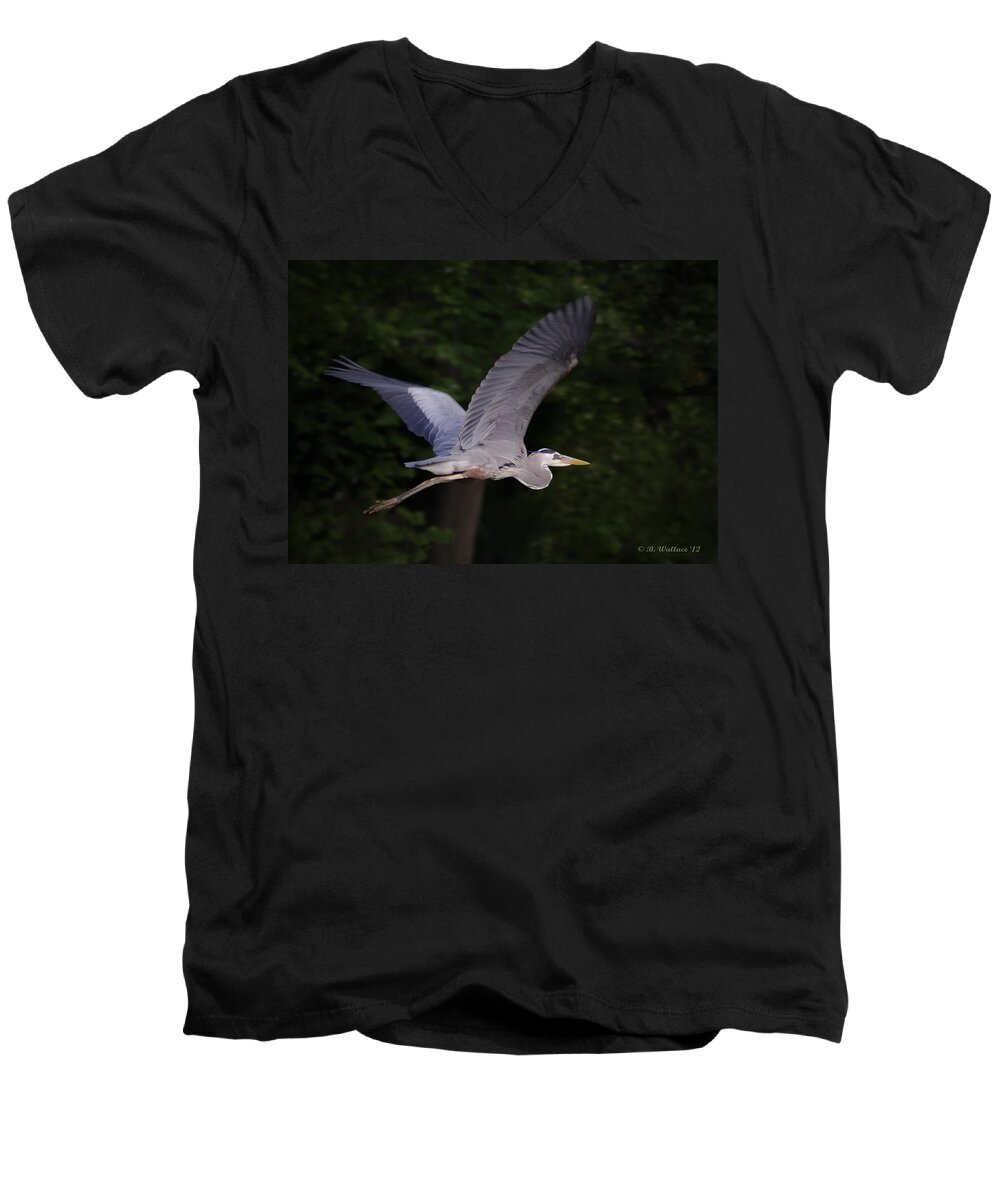 2d Men's V-Neck T-Shirt featuring the photograph Great Blue Heron In Flight #1 by Brian Wallace