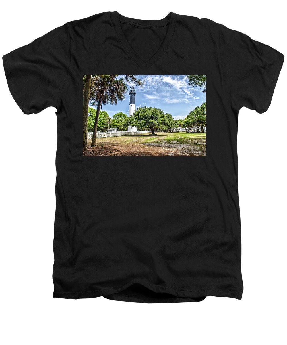 Hunting Island Men's V-Neck T-Shirt featuring the photograph Hunting Island Lighthouse #1 by Scott Hansen