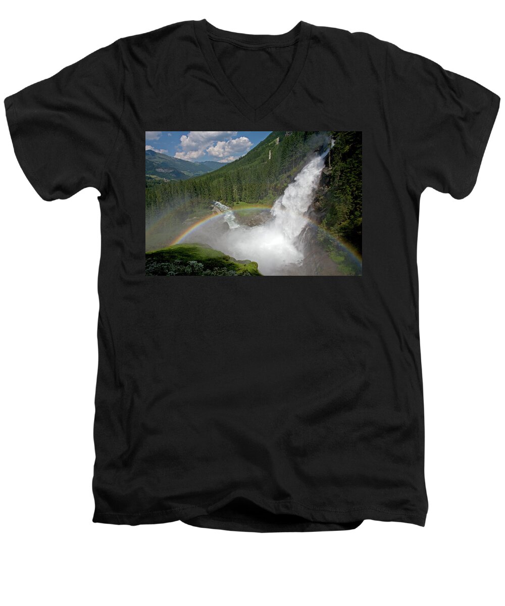 Krimml Men's V-Neck T-Shirt featuring the photograph Krimml Waterfall and Rainbow #2 by Aivar Mikko