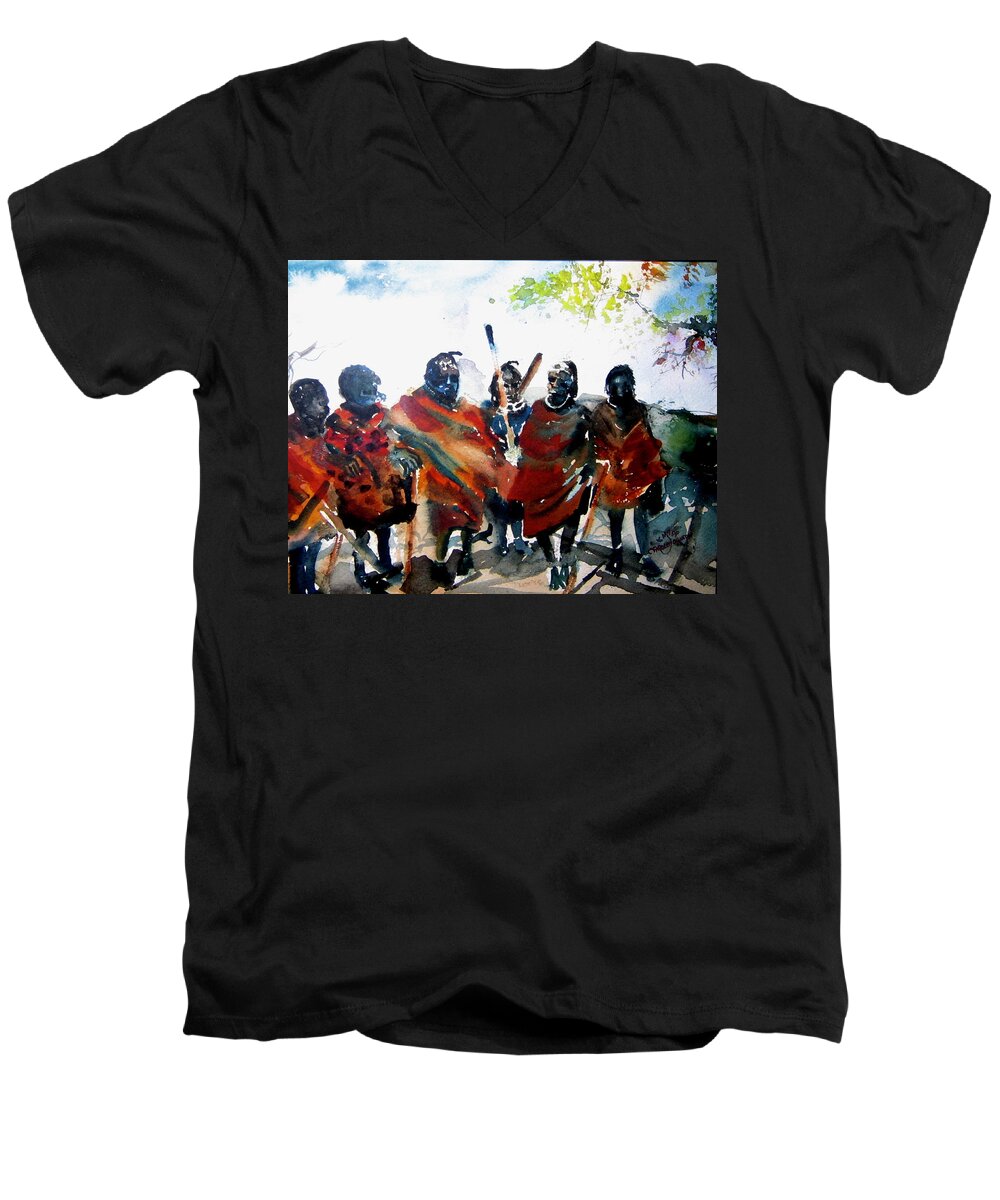 Watercolor Men's V-Neck T-Shirt featuring the painting Masaai Boys #2 by Carole Johnson