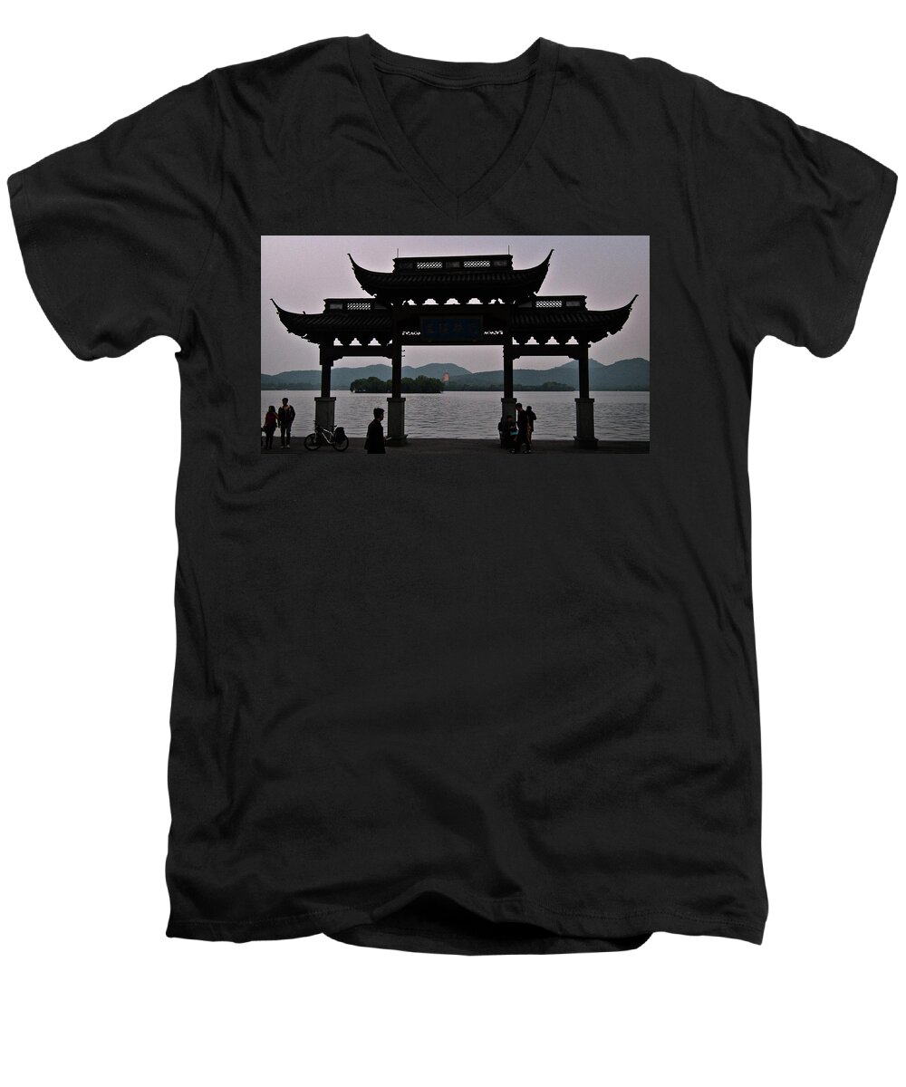 Pagoda Men's V-Neck T-Shirt featuring the photograph Pagoda at Dusk #1 by George Taylor