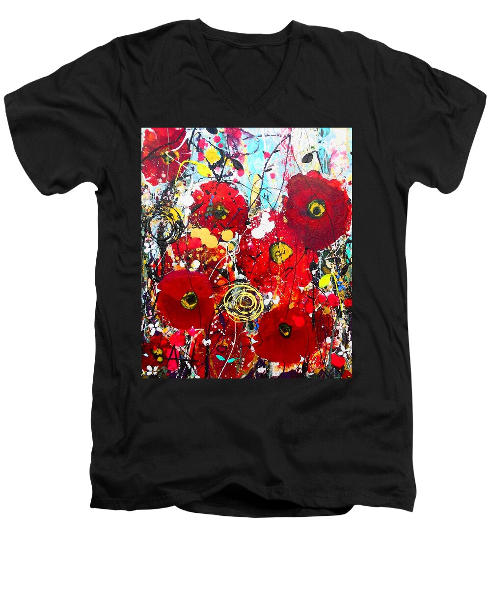 Poppies Men's V-Neck T-Shirt featuring the painting Poppies #1 by Angie Wright