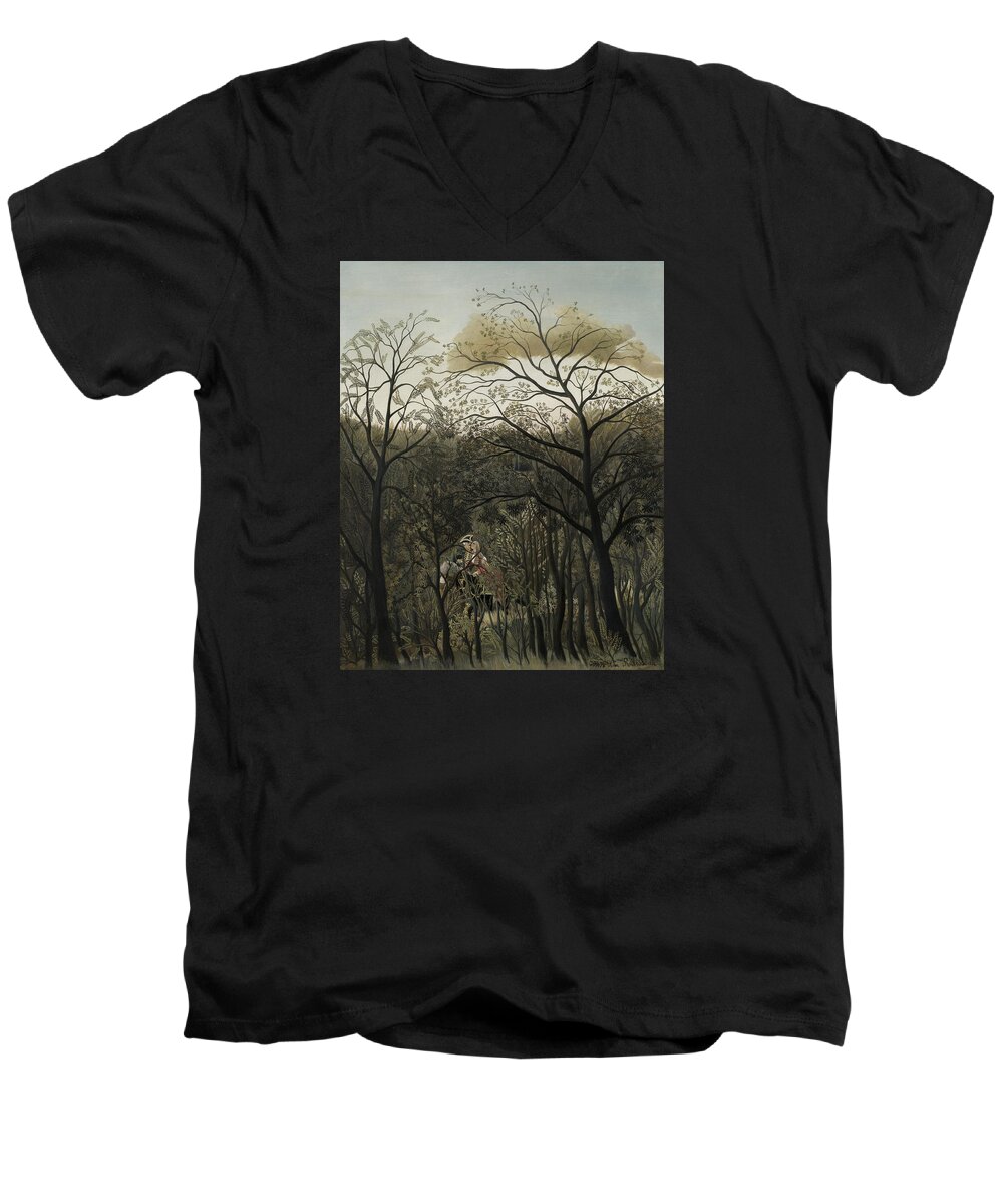 Henri Rousseau Men's V-Neck T-Shirt featuring the painting Rendezvous In The Forest #1 by Henri Rousseau