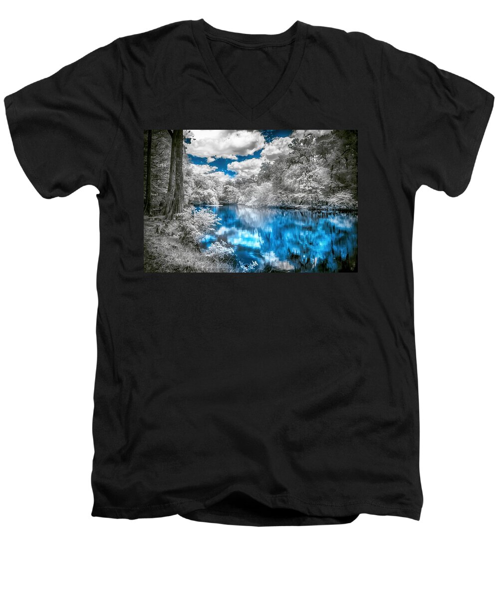 Santa Fe River # Infrared Photography# Reflections # North Central Florida # Usa # Landscape # Crystal-clear Springs # Reflections # North Central Florida # Alachua #rum Island # Pristine Spring # Peaceful #tranquil Men's V-Neck T-Shirt featuring the photograph Santa Fe River Reflections #2 by Louis Ferreira