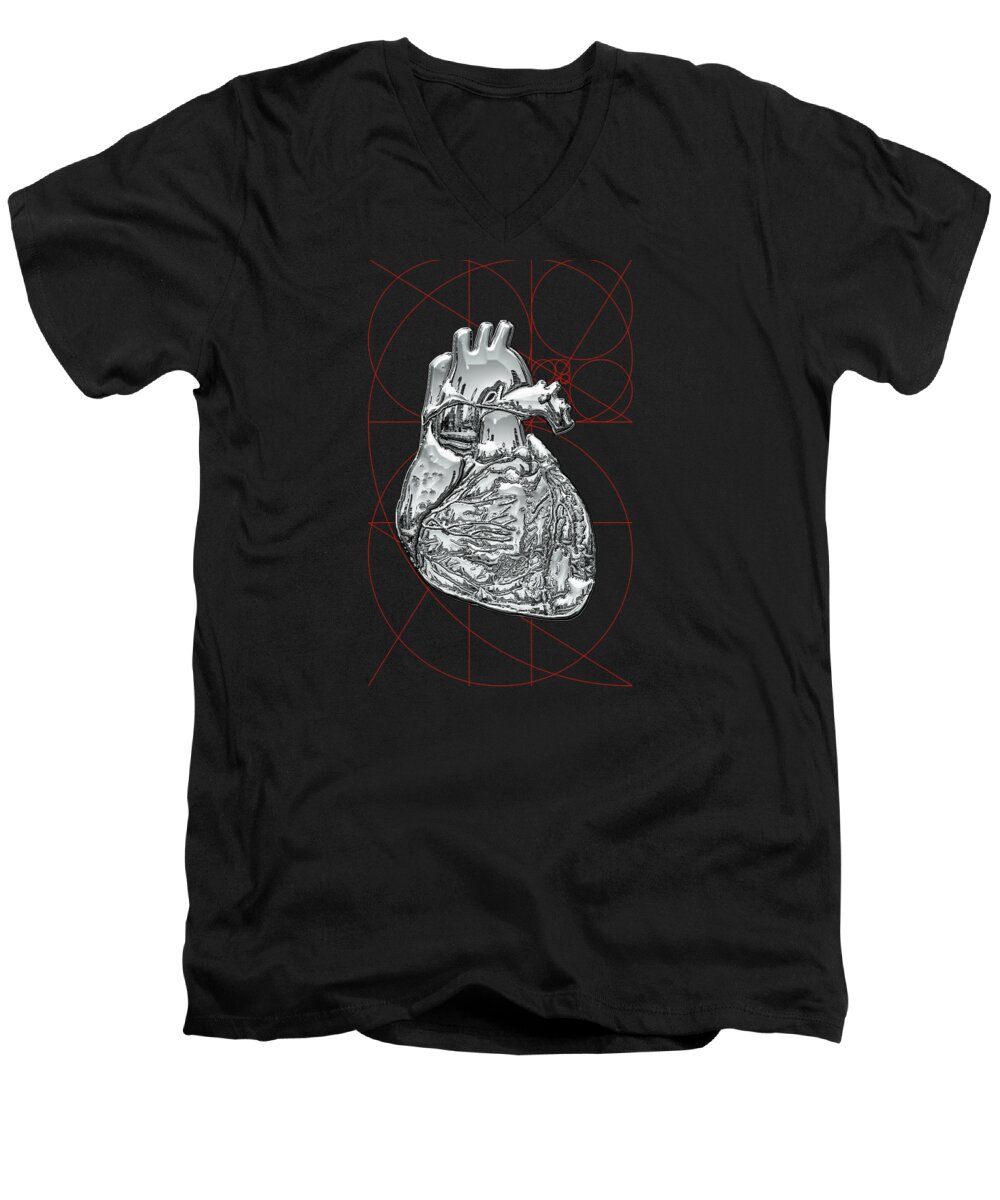 inner Workings Collection By Serge Averbukh Men's V-Neck T-Shirt featuring the photograph Silver Human Heart on Black Canvas #1 by Serge Averbukh