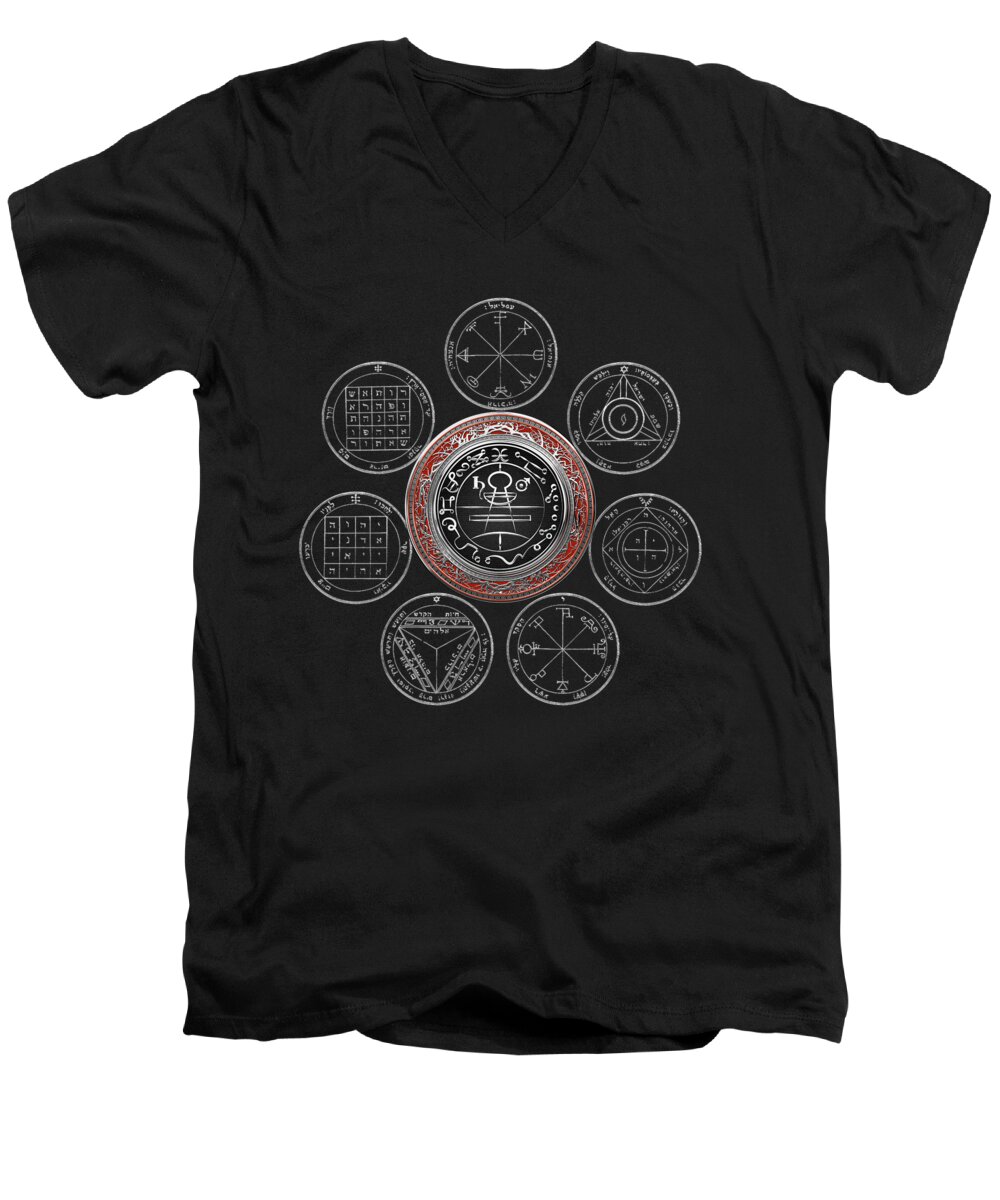 'sacred Symbols' Collection By Serge Averbukh Men's V-Neck T-Shirt featuring the photograph Silver Seal of Solomon over Seven Pentacles of Saturn on Black Canvas #1 by Serge Averbukh